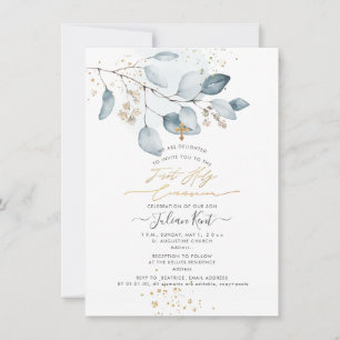 PixDezines Blue Gum Eucalyptus 1st Holy Communion Invitation