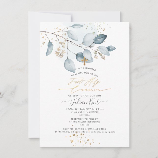 PixDezines Blue Gum Eucalyptus 1st Holy Communion  Invitation (Front)