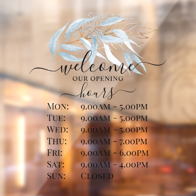 PixDezines Blue Gum Eucalyptus Sprig Store Hours Window Cling (Sheet 2)