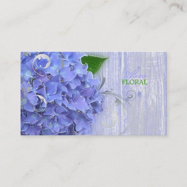 PixDezines blue hydrangeas, florists/wood panels Business Card (Front)