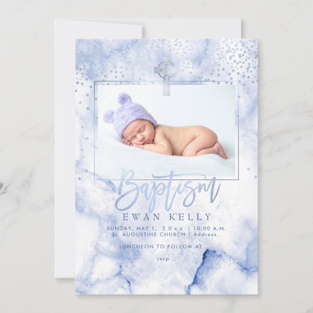 PixDezines Blue Marble+Confetti/Baptism Invitation (Front)