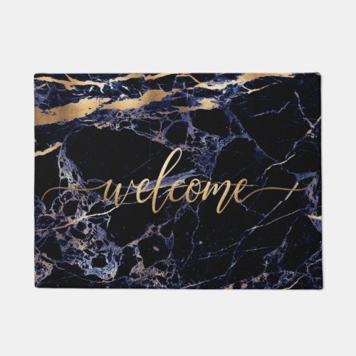 PixDezines BLUE MARBLE FAUX GOLD VEINS WELCOME Doormat