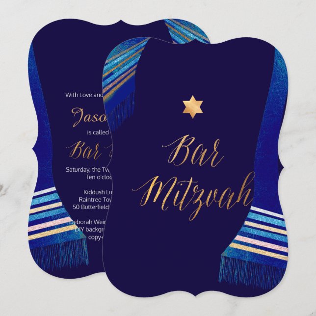 PixDezines ✡ Blue Tallit Bar Mitzvah Invitation (Front/Back)
