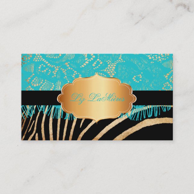 PixDezines blue vintage lace+zebra Business Card (Front)