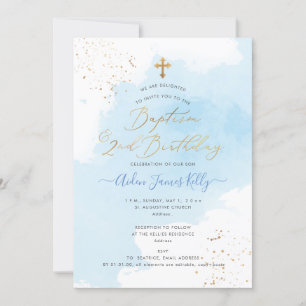 PixDezines Blue Watercolor Baptism+ 2nd Birthday Invitation