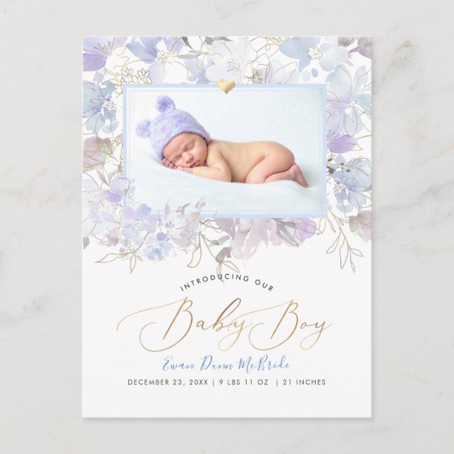PixDezines Blue Watercolor flowers Boy Birth Postcard (Front)