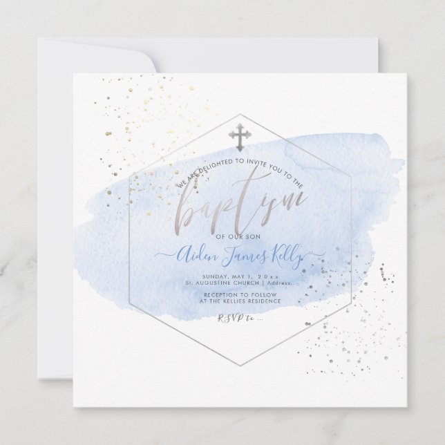 PixDezines Blue Watercolor+Honeycomb Baptism Invitation (Front)