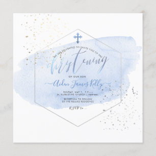 PixDezines Blue Watercolor+Honeycomb Christening Invitation