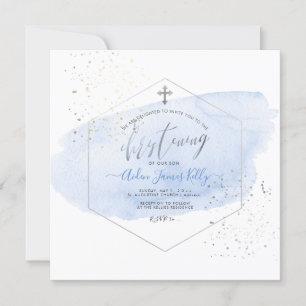 PixDezines Blue Watercolor+Honeycomb Christening Invitation