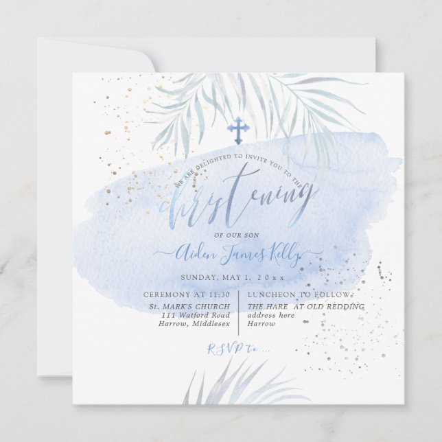 PixDezines Blue Watercolor Palms Christening Invitation (Front)