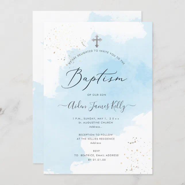 PixDezines Blue Watercolor Silver Dust Baptism Invitation | Zazzle