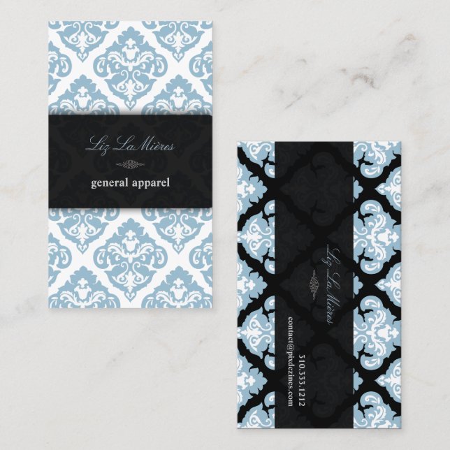 PixDezines Blue + White Olivia Damask Business Card (Front/Back)