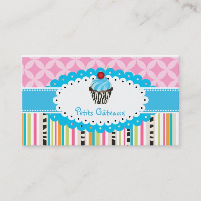 PixDezines blueberry swirls cupcake+stripes Business Card (Front)