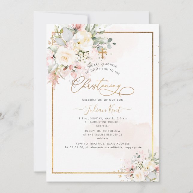 PixDezines Blush Alabaster Roses Christening Invitation (Front)