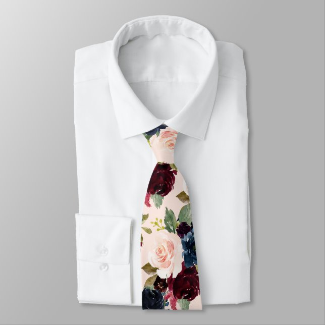 PixDezines Blush Burgundy Navy Flwrs DIY Backgrnd Neck Tie (Tied)