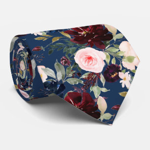 PixDezines Blush Burgundy Navy H2 Botanical Neck Tie