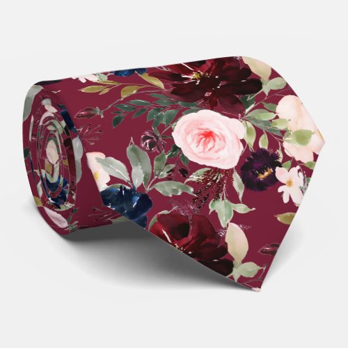 PixDezines Blush Burgundy Navy H2 Botanical Neck Tie