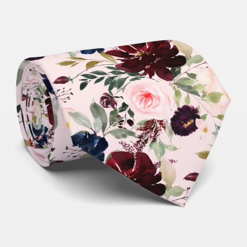 PixDezines Blush Burgundy Navy H2 Botanical Neck Tie