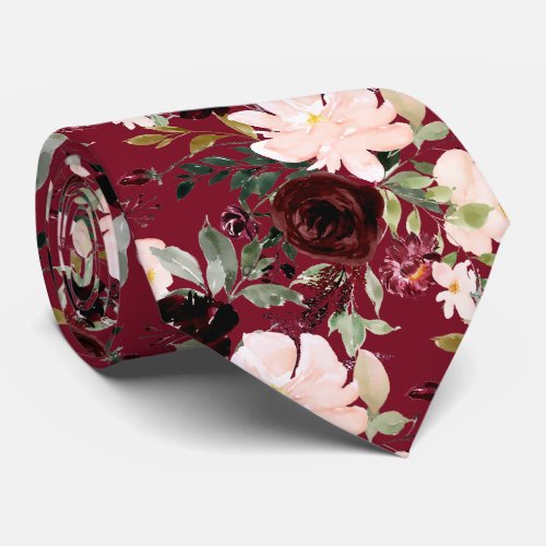 PixDezines Blush Burgundy Navy H2 Botanical Neck Tie