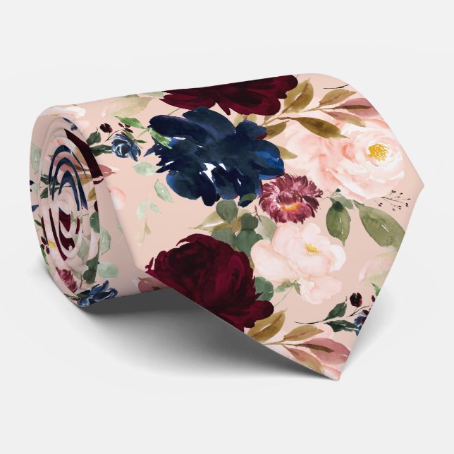PixDezines Blush Burgundy Navy H2 Flowers Neck Tie (Rolled)