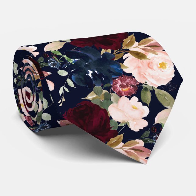 PixDezines Blush Burgundy Navy H2 Flowers Neck Tie (Rolled)