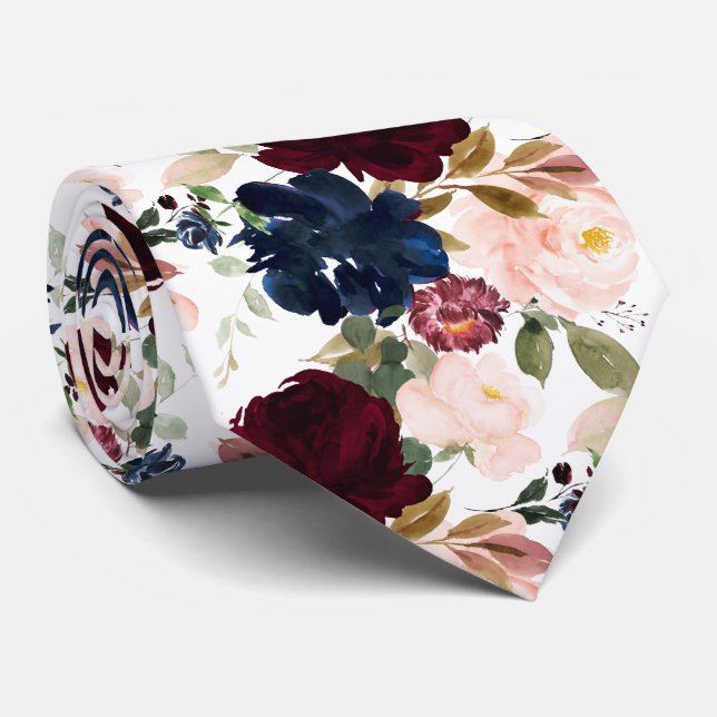 PixDezines Blush Burgundy Navy H2 Flowers Neck Tie (Rolled)