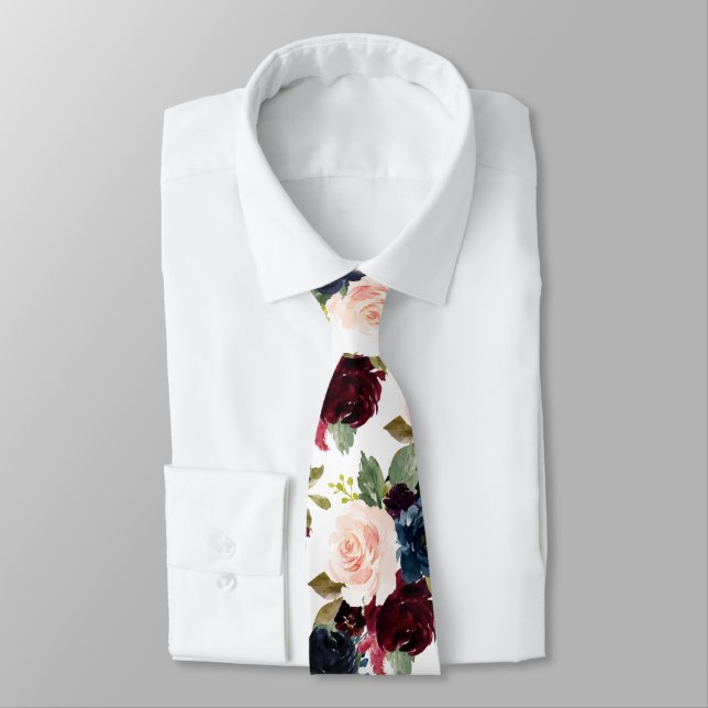 PixDezines Blush Burgundy Navy Watercolor Flowers Neck Tie (Tied)