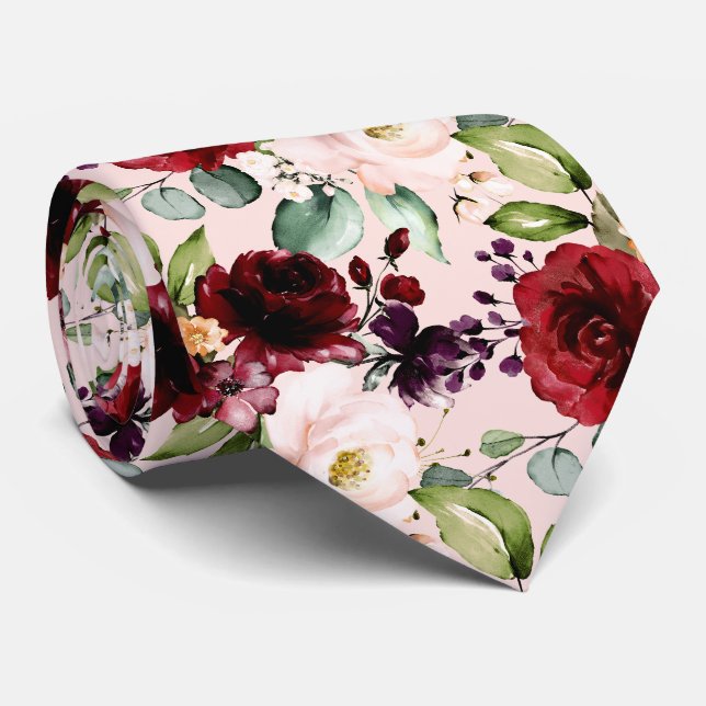 PixDezines Blush Burgundy Watercolor Flowers Neck Tie (Rolled)