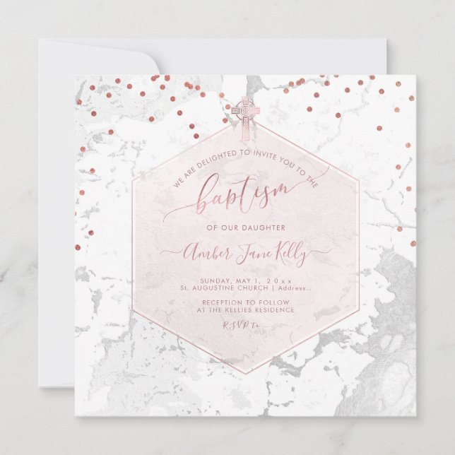 PixDezines Blush Honeycomb Marble Baptism Invitation (Front)