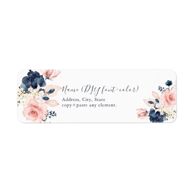PixDezines Blush Navy Blue Watercolor Flowers Label (Front)