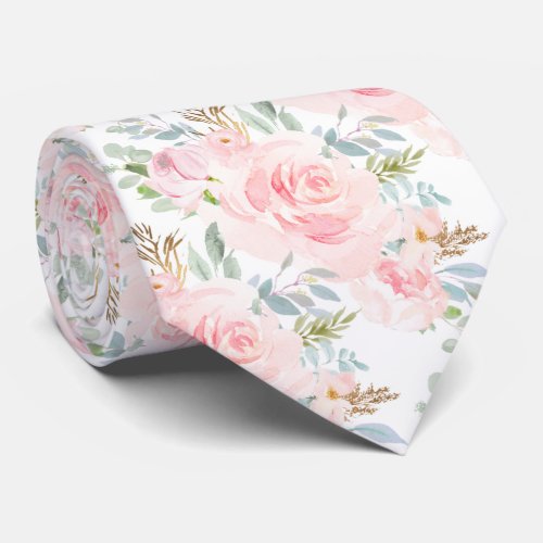 PixDezines Blush Pink Dusty Blue Watercolor Roses Neck Tie