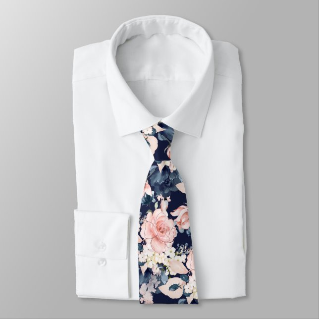 PixDezines Blush Pink Navy Blue Watercolor Flowers Neck Tie (Tied)