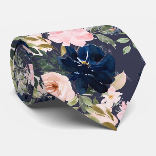 PixDezines Blush Pink Navy Blue Watercolor Flowers Neck Tie