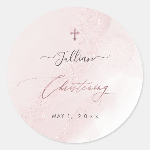 PixDezines Blush Pink Rose Gold Christening Classic Round Sticker