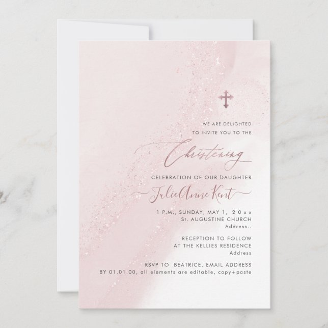 PixDezines Blush Pink Rose Gold Christening Invitation (Front)