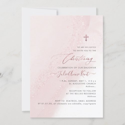 PixDezines Blush Pink Rose Gold Christening Invitation