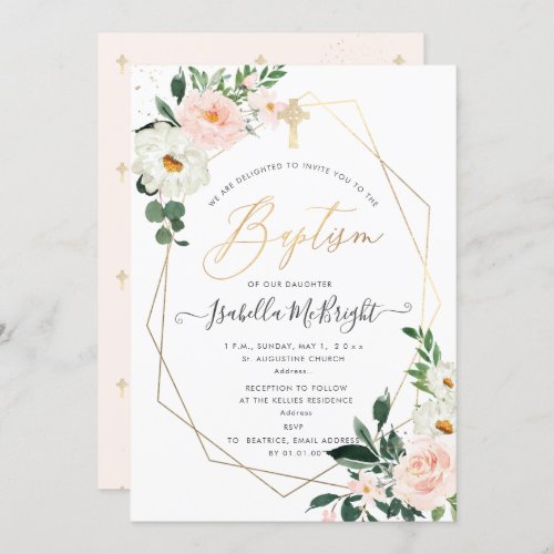 PixDezines Blush Pink Watercolor Flowers Baptism Invitation