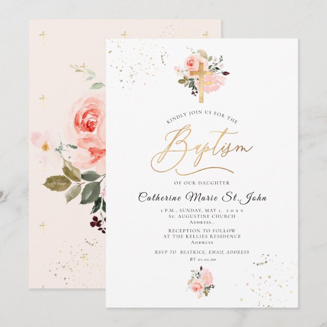 PixDezines Blush Pink Watercolor Roses Baptism Invitation (Front/Back)