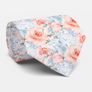 PixDezines Blush Roses Ice Blue Hydrangeas Neck Tie