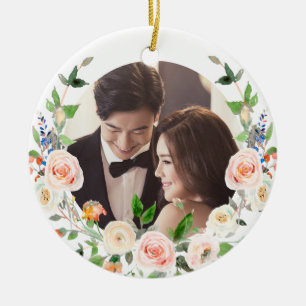 PixDezines Blush Roses Wreath, First Christmas Ceramic Ornament