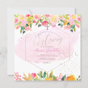 PixDezines Blush Watercolor Flowers Christening Invitation