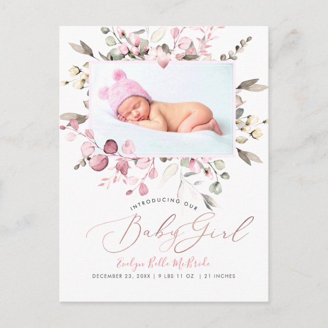 PixDezines Blush Watercolor flowers Girl Birth Pos Postcard (Front)