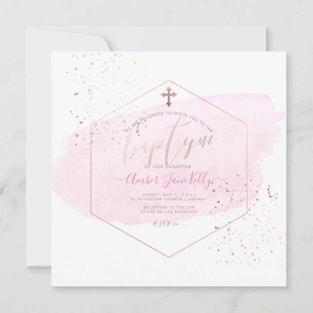PixDezines Blush Watercolor+Honeycomb Baptism Invitation (Front)