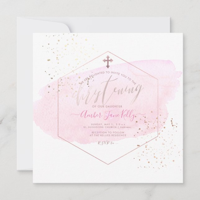 PixDezines Blush Watercolor+Honeycomb Christening Invitation (Front)