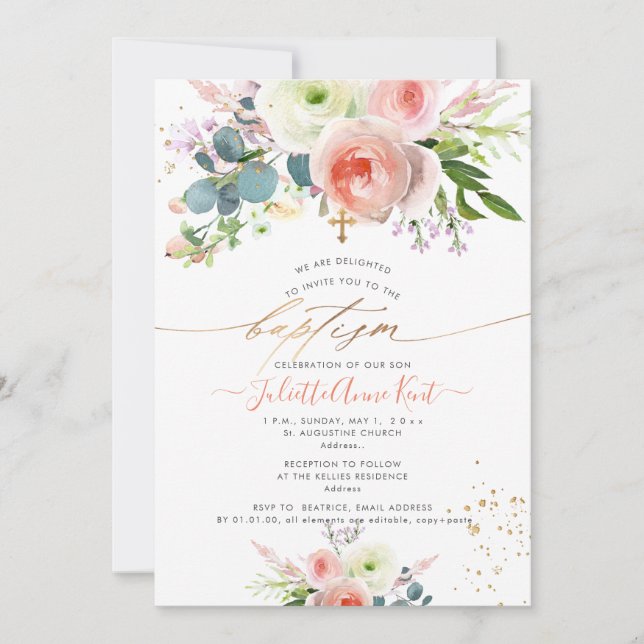 PixDezines Blush Watercolor Peonies Baptism Invitation (Front)