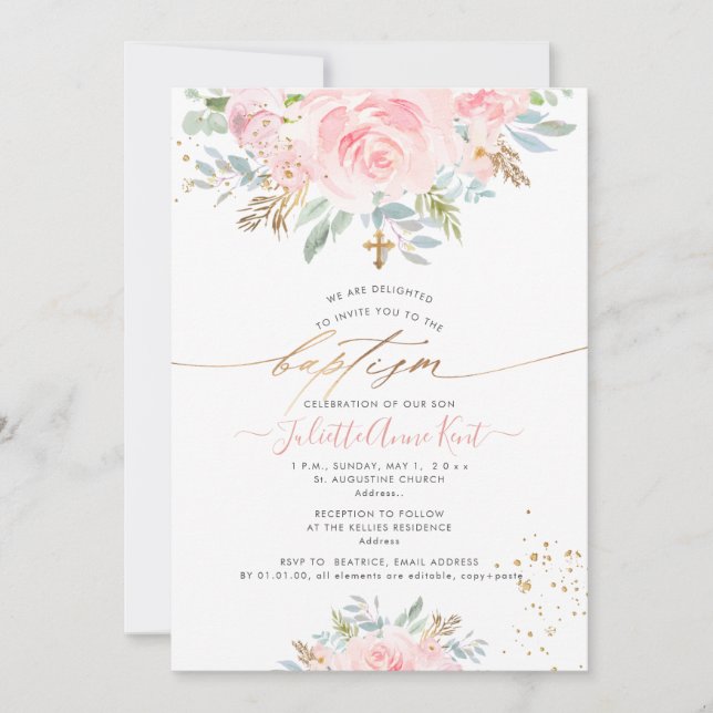 PixDezines Blush Watercolor Roses Baptism Invitation (Front)
