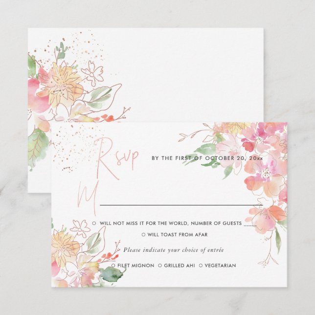 PixDezines Blushing Romance Floral RSVP w Meal Invitation (Front/Back)