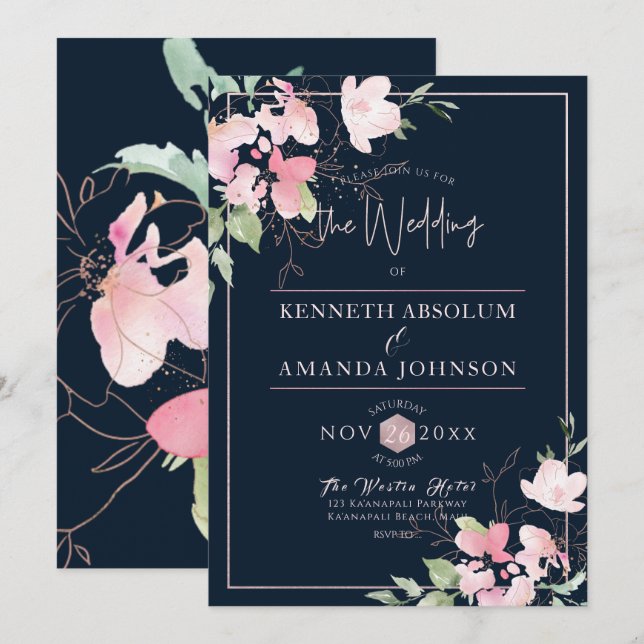 PixDezines Blushing Romance, Watercolor Flowers Invitation (Front/Back)