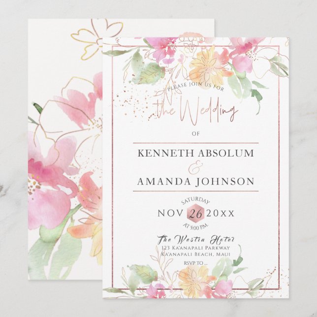 PixDezines Blushing Romance, Watercolor Flowers Invitation (Front/Back)