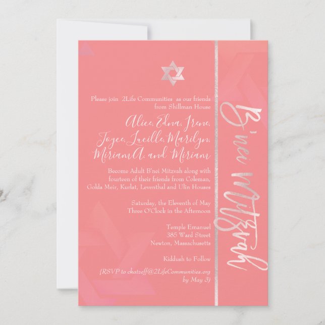 PixDezines B'Nei Mitzvah, Blush+Coral Invitation (Front)